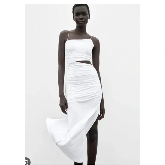 Zara White CUT OUT FITTED ASYMMETRICAL DRESS NWT Size Large - Picture 3 of 6